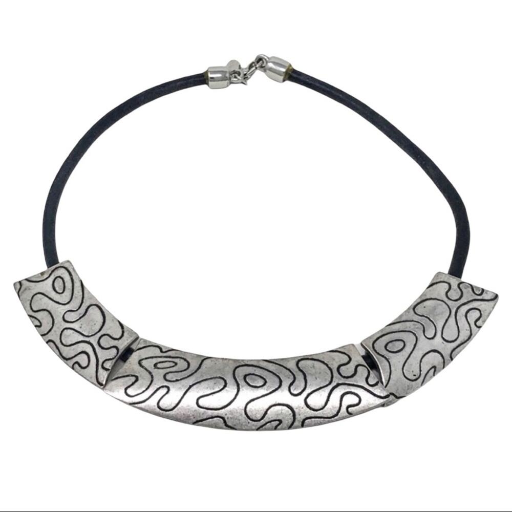 Chico’s Silvertone & Black Leather Choker Necklace
